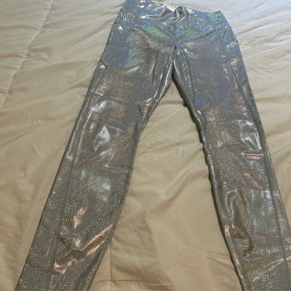 Fabletics Holiday Glitter Hologram Oasis PureLuxe High Waisted Leggings M Pocket